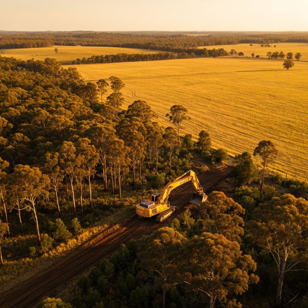 Excavator creating a firebreak through eucalyptus forest in south-west Victoria