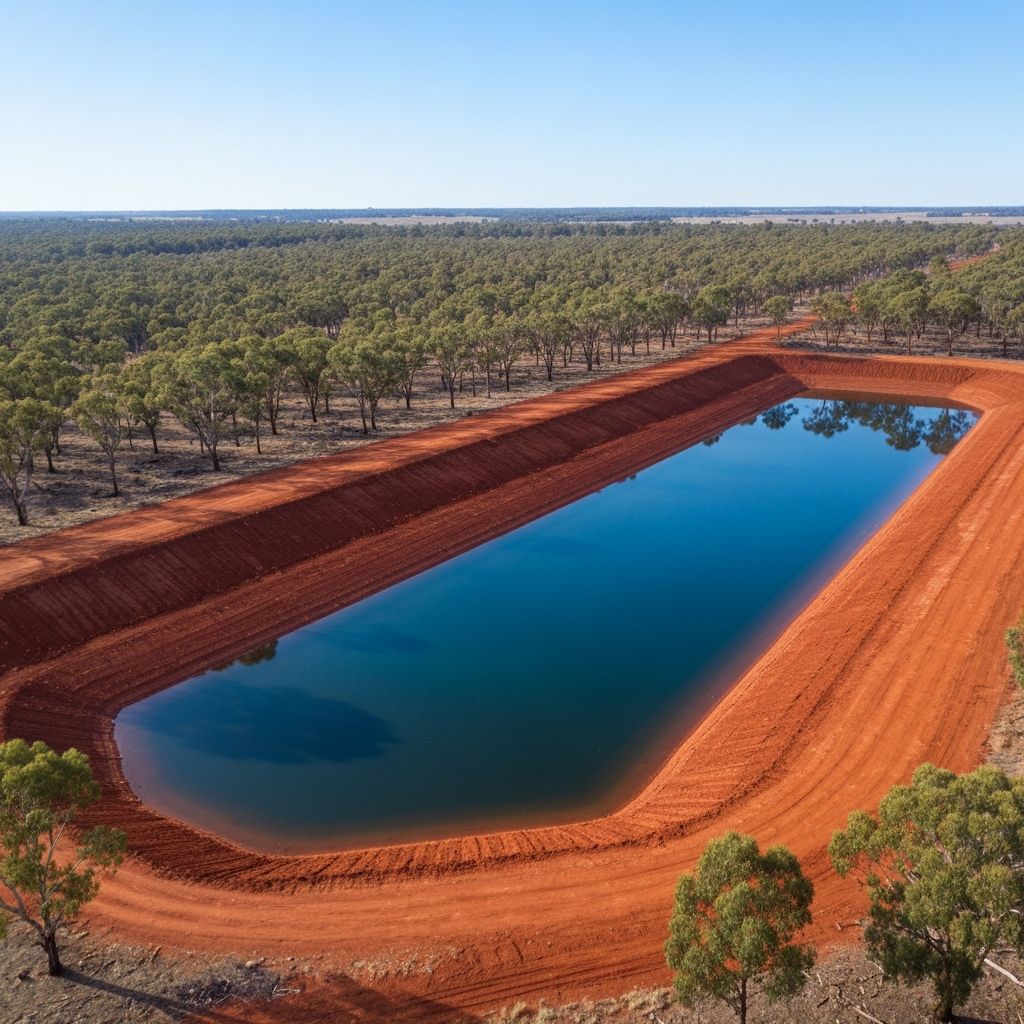 Newly constructed farm dam with red earth embankment in rural Victoria