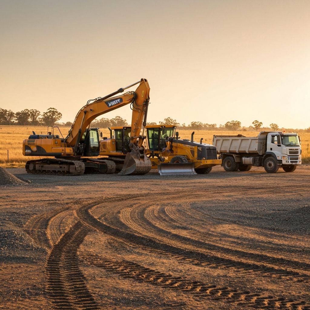 PFFM excavator, grader and tipper truck lined up in a rural equipment yard